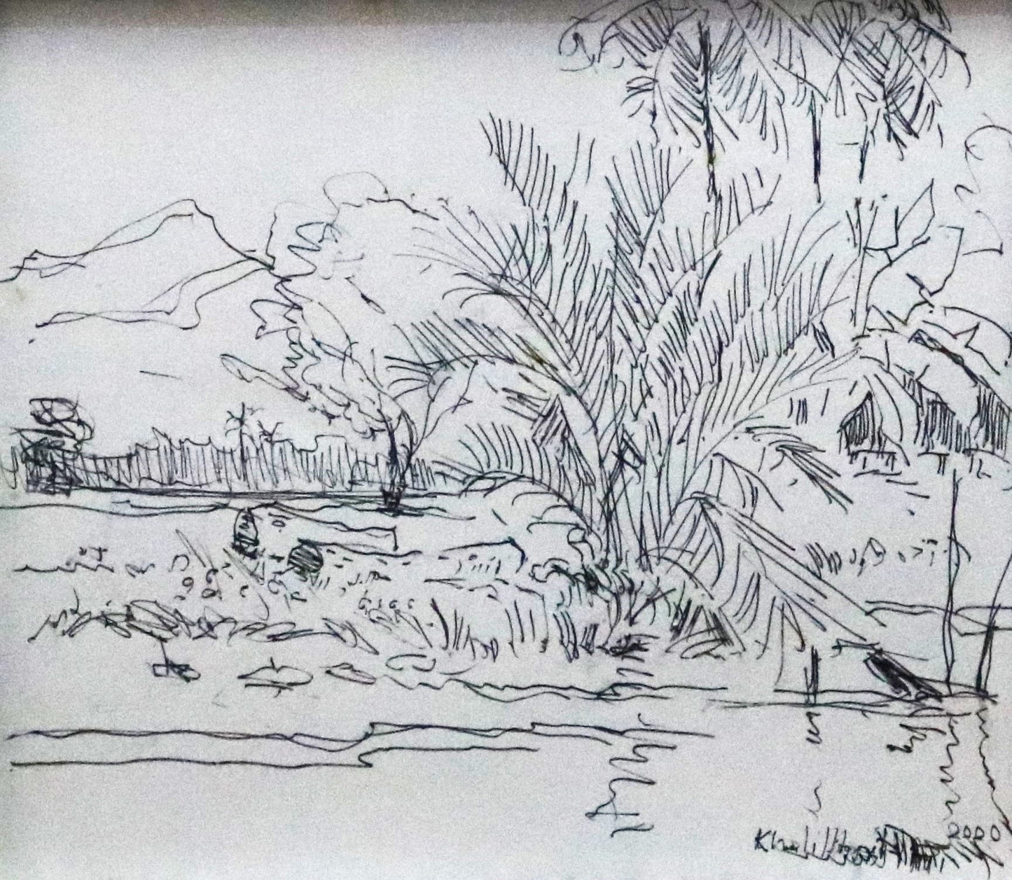 Khalil Ibrahim b 1934-2018 Pen drawing 12x10