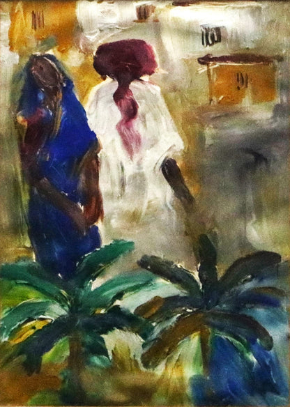 Tribal People : JMS MANI b 1949-2021 Badami series 1993 oil on board 10 x 14 inches