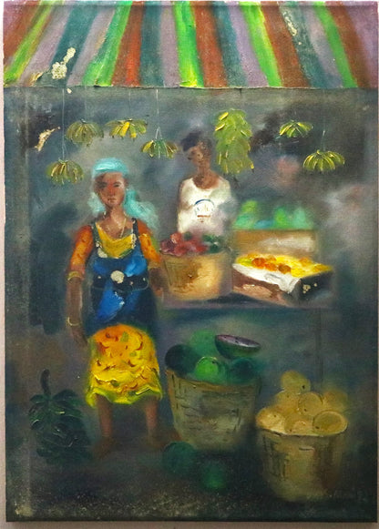 JMS Mani b1949-2021  : Malaysian market scene 1994 oil on board 20 x 24 inches
