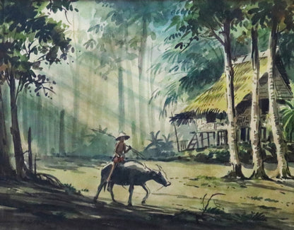 A.B. Ibrahim b 125-1977  : Village water colour 24 x 24 inches 1975