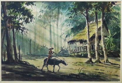 A.B. Ibrahim b 125-1977  : Village water colour 24 x 24 inches 1975