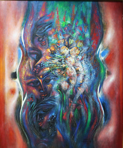 Laxman Pai b 1921-2021 Faces & Flowers 1989 152 x 152 CM